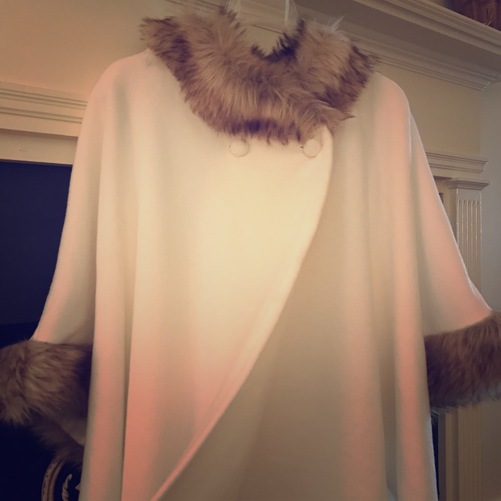 Soft fleece poncho with fur trim